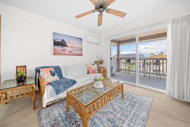 carpeted living room with ceiling fan and a wall unit AC