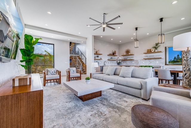 living room with ceiling fan