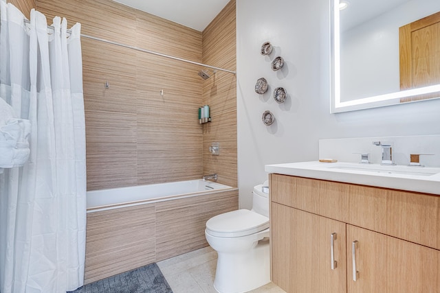 full bathroom with tile patterned floors, toilet, shower / bath combo with shower curtain, and vanity