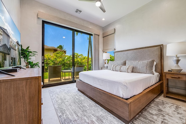 bedroom featuring ceiling fan, light tile patterned floors, and access to exterior