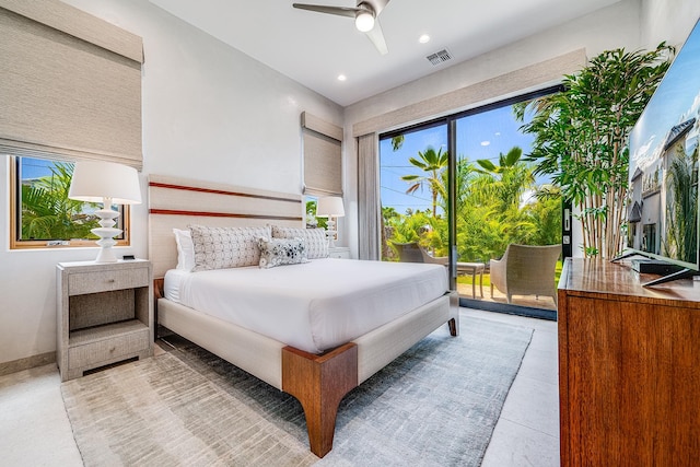 bedroom featuring ceiling fan, access to exterior, and light tile patterned floors