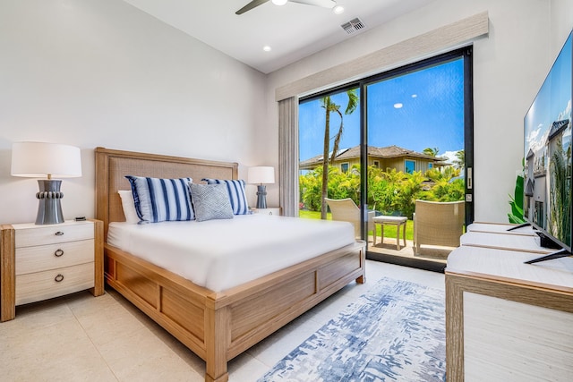 tiled bedroom featuring ceiling fan and access to outside