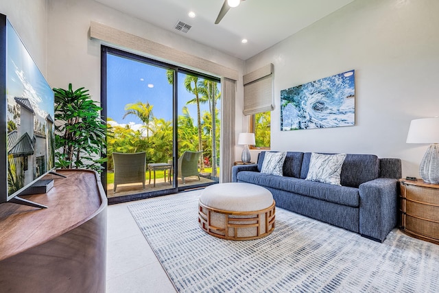 living room featuring light tile patterned flooring