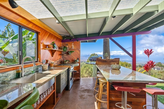 view of patio / terrace featuring a mountain view, area for grilling, and a wet bar