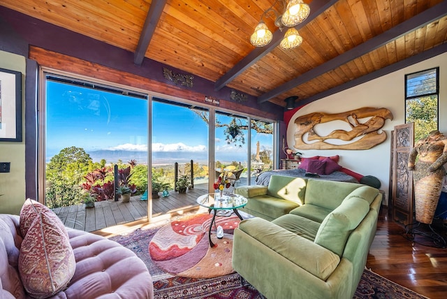 living room featuring vaulted ceiling with beams, plenty of natural light, wood ceiling, and hardwood / wood-style flooring