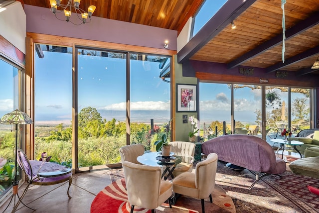 sunroom / solarium featuring wood ceiling, a chandelier, beamed ceiling, and a healthy amount of sunlight