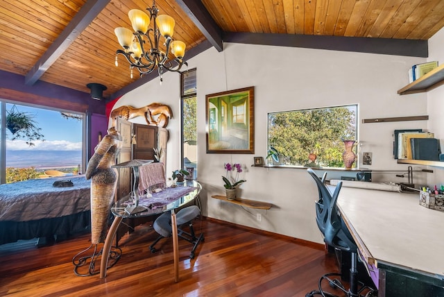 office area featuring vaulted ceiling with beams, a chandelier, wood ceiling, and hardwood / wood-style flooring