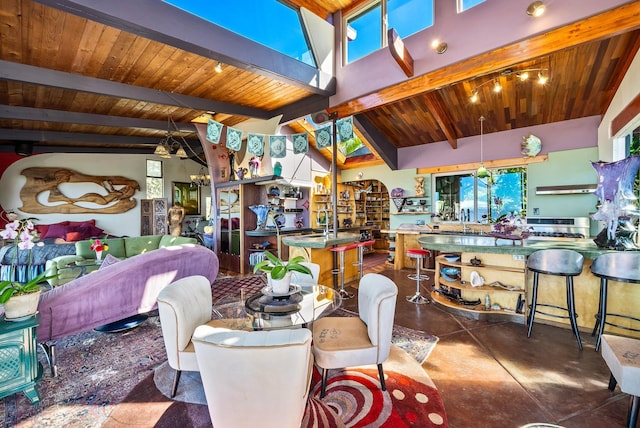 dining area featuring vaulted ceiling with beams and wooden ceiling