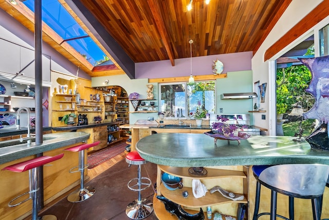 kitchen featuring lofted ceiling with skylight, sink, and wood ceiling