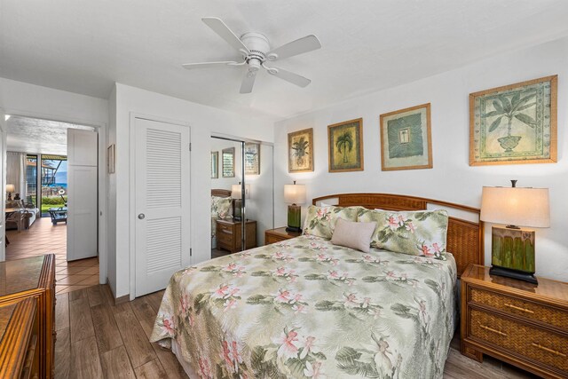 3975 Lower Honoapiilani Rd Unit 107, Lahaina, HI 96761 - bedroom with multiple closets, wood finished floors, and a ceiling fan