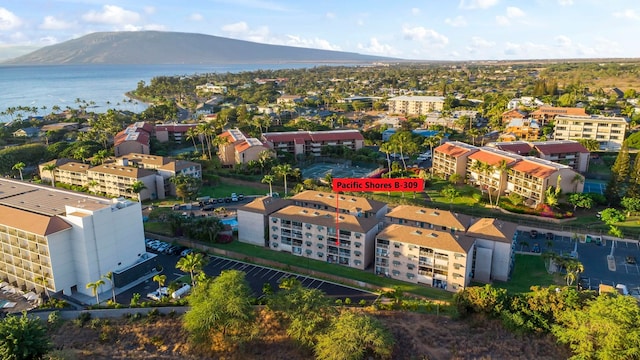 aerial view featuring a water and mountain view