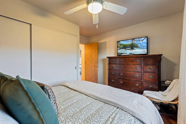 bedroom with ceiling fan and a closet