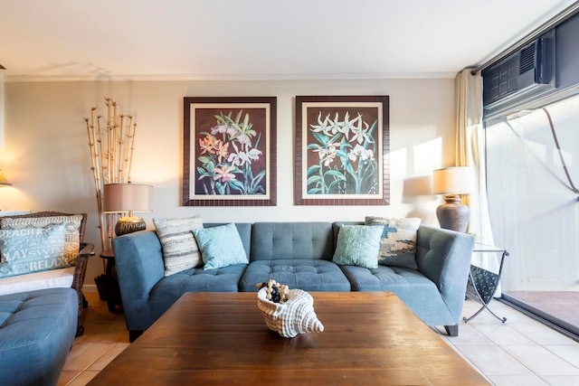 tiled living room with crown molding