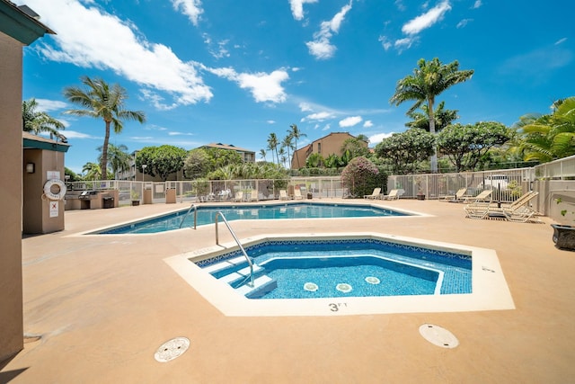 view of pool with a patio and a hot tub