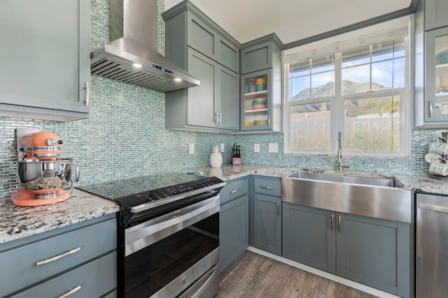 kitchen featuring stainless steel appliances, dark wood-style flooring, a sink, wall chimney exhaust hood, and glass insert cabinets