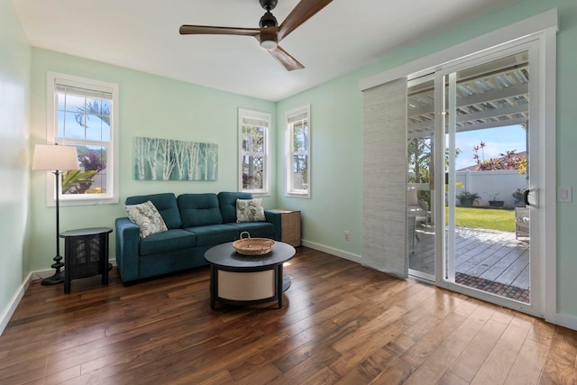 living room featuring a healthy amount of sunlight, baseboards, and dark wood-type flooring