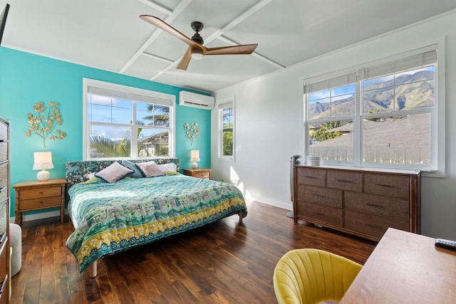 bedroom featuring dark wood-style floors, an AC wall unit, ceiling fan, and baseboards