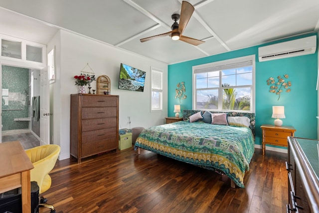 bedroom featuring dark wood-style floors, a wall unit AC, and ceiling fan