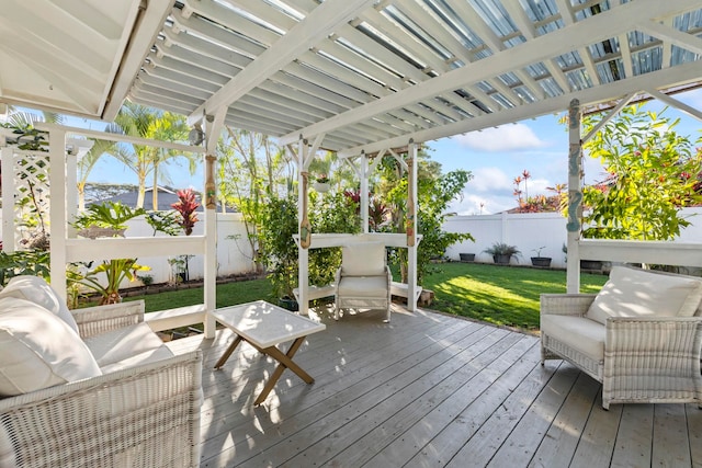 wooden terrace with an outdoor hangout area, a yard, and a fenced backyard