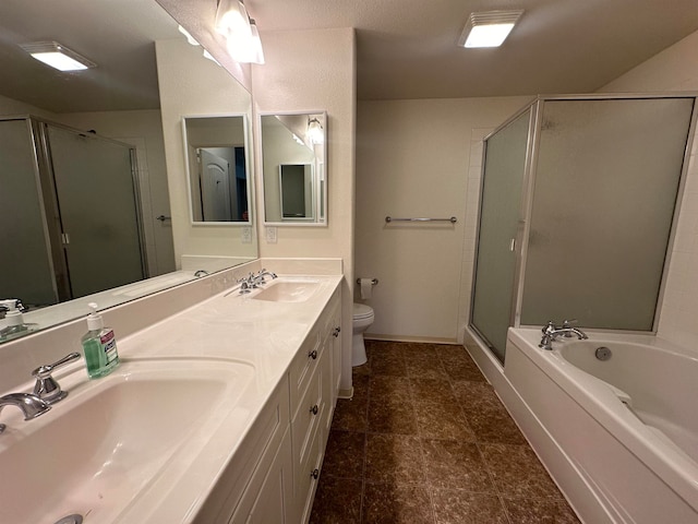 full bathroom featuring separate shower and tub, vanity, and toilet