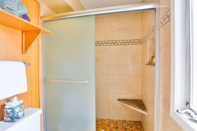 bathroom with toilet and a shower with shower door