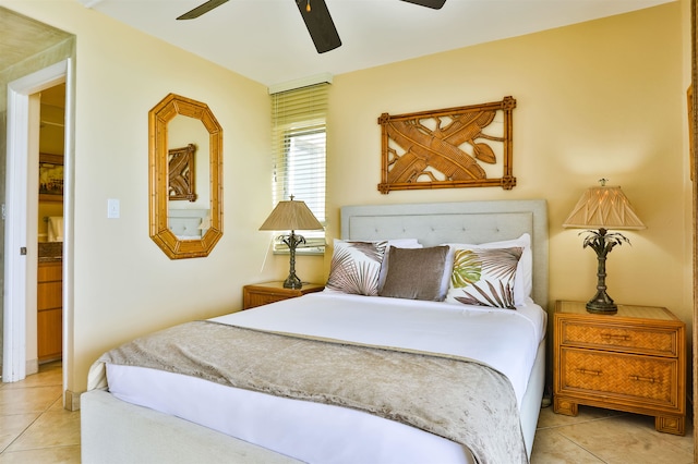 bedroom featuring ceiling fan and light tile patterned floors