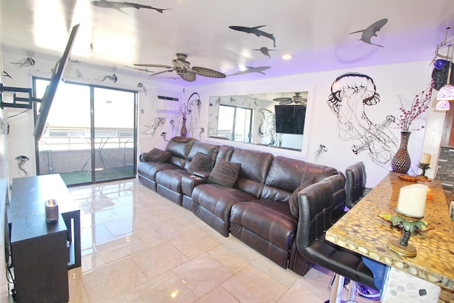 tiled living room with a wall unit AC and ceiling fan