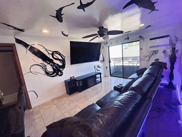 living room featuring ceiling fan and light tile patterned floors