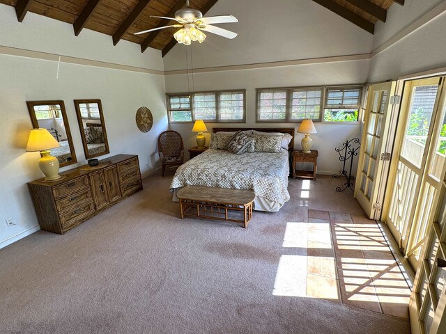 bedroom featuring ceiling fan, beamed ceiling, high vaulted ceiling, and light carpet