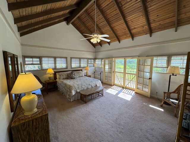 bedroom featuring high vaulted ceiling, dark carpet, beam ceiling, and access to exterior