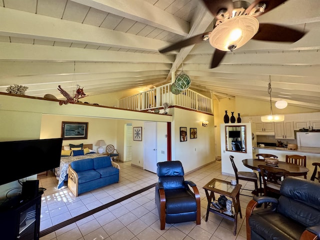 tiled living room with beamed ceiling, high vaulted ceiling, and ceiling fan