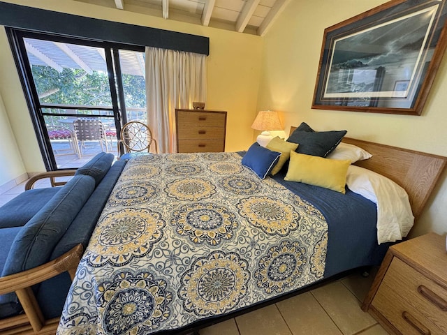 bedroom with vaulted ceiling with beams, access to outside, and wooden ceiling