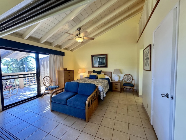 tiled bedroom featuring ceiling fan, access to exterior, beam ceiling, and wooden ceiling