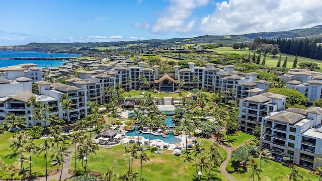 bird's eye view with a water view