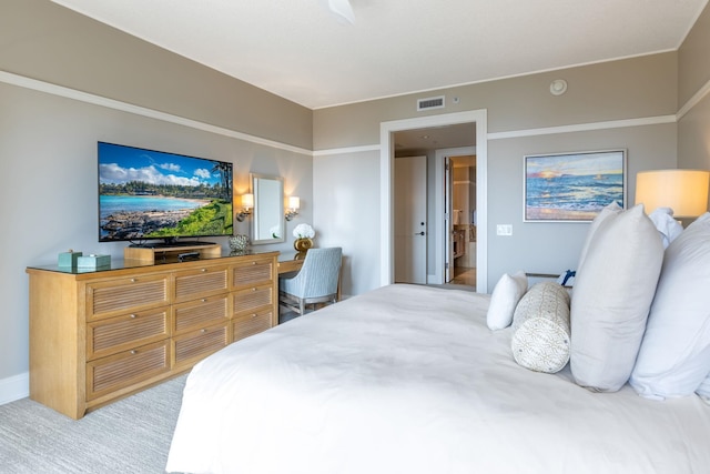 bedroom featuring visible vents, carpet flooring, and baseboards