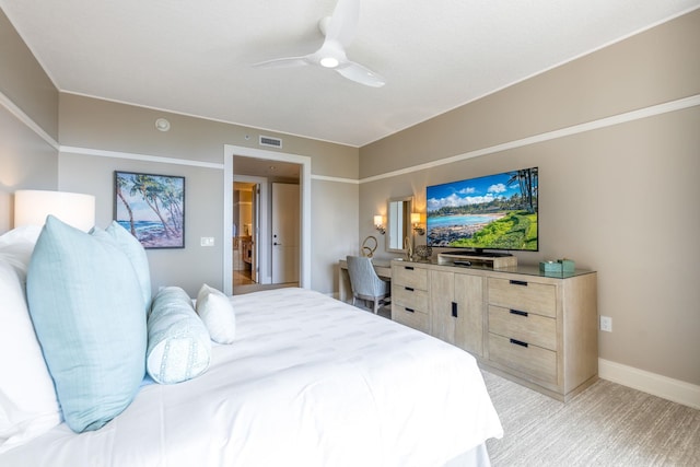 bedroom featuring visible vents, baseboards, and ceiling fan