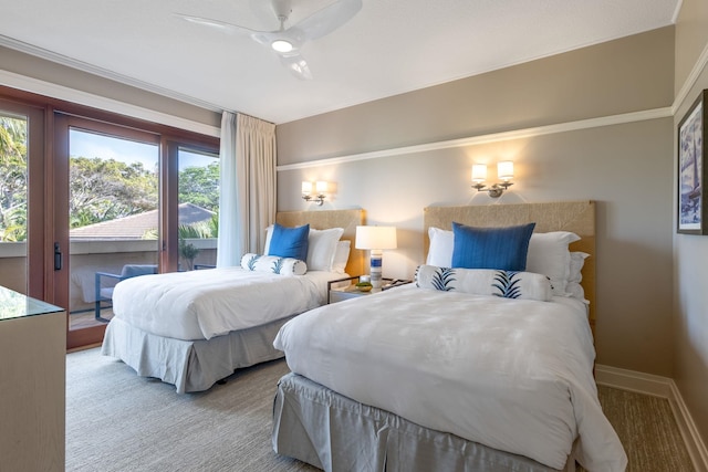 bedroom with carpet flooring, baseboards, and ceiling fan