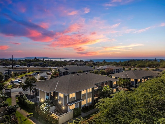 view of aerial view at dusk