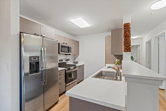 kitchen featuring sink, kitchen peninsula, stainless steel appliances, and light hardwood / wood-style flooring