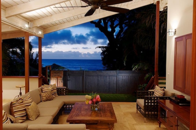 23 Nalu Pl, Paia, HI 96779 - view of patio featuring ceiling fan, an outdoor hangout area, and a water view