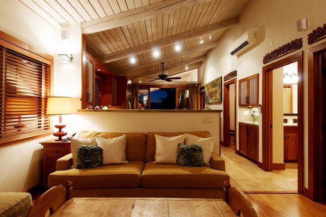 living room with wood ceiling, ceiling fan, light wood-type flooring, vaulted ceiling with beams, and an AC wall unit