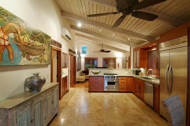 kitchen with stainless steel appliances, vaulted ceiling with beams, sink, a wall unit AC, and kitchen peninsula