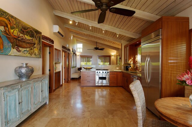 bedroom featuring wooden ceiling, access to exterior, and lofted ceiling with beams