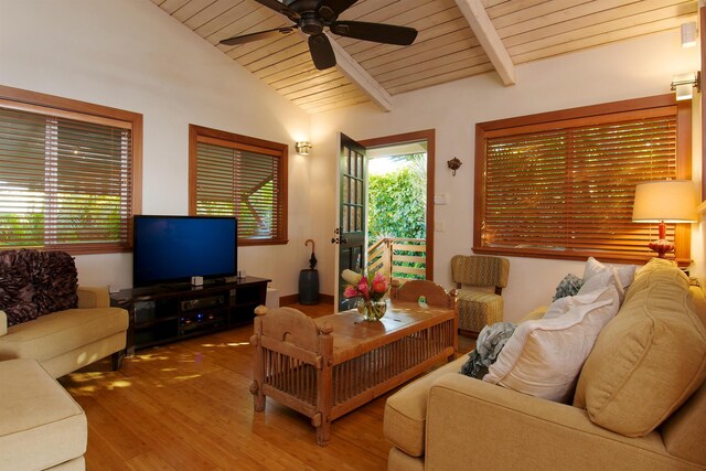 living room featuring vaulted ceiling with beams, a healthy amount of sunlight, hardwood / wood-style flooring, and ceiling fan