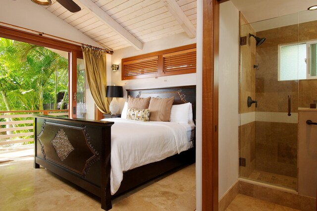 bedroom featuring ceiling fan, wood ceiling, and lofted ceiling with beams