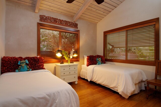 bedroom featuring ceiling fan, lofted ceiling with beams, wooden ceiling, and light hardwood / wood-style flooring