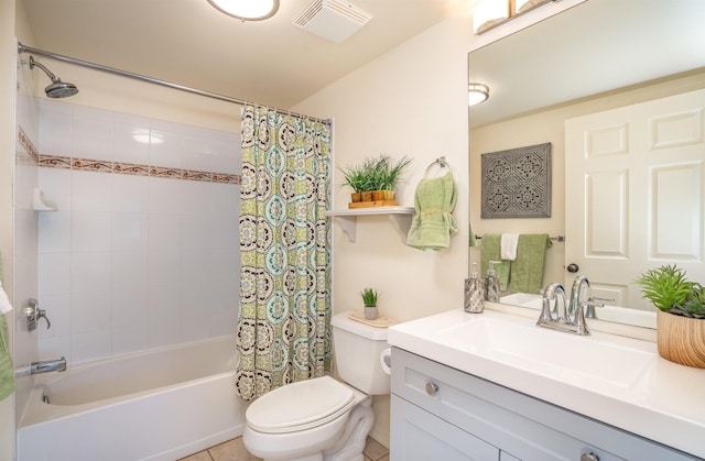 full bathroom with vanity, toilet, shower / bath combination with curtain, and tile patterned flooring