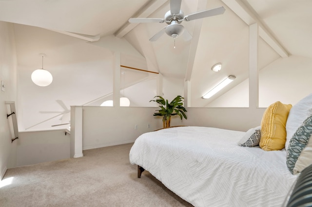 bedroom featuring ceiling fan, vaulted ceiling with beams, and carpet floors