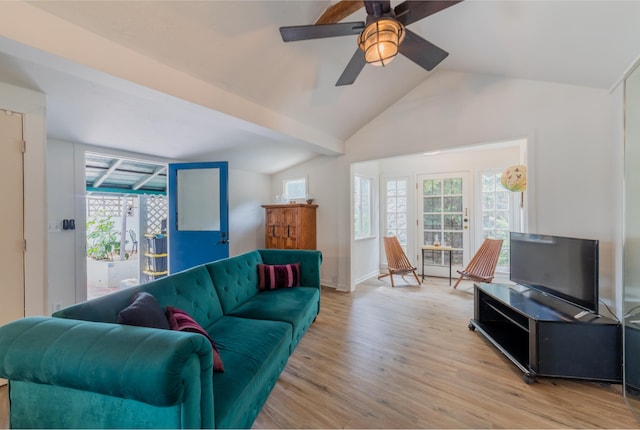 living room with lofted ceiling, ceiling fan, a wealth of natural light, and light hardwood / wood-style flooring