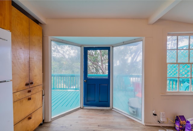 entryway with beam ceiling, plenty of natural light, and light hardwood / wood-style flooring